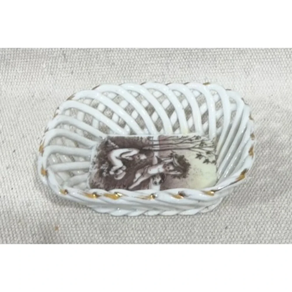 Antique Late 1800s Porcelain Reticulated Trinket Basket Cherub Putti Gilt Edge